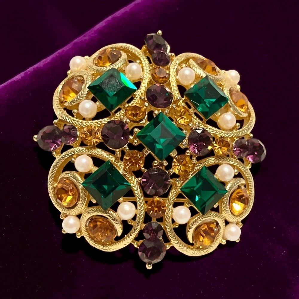 Gorgeous Vintage Large 2” M. LENT Gold Tone Multi-Color Brooch